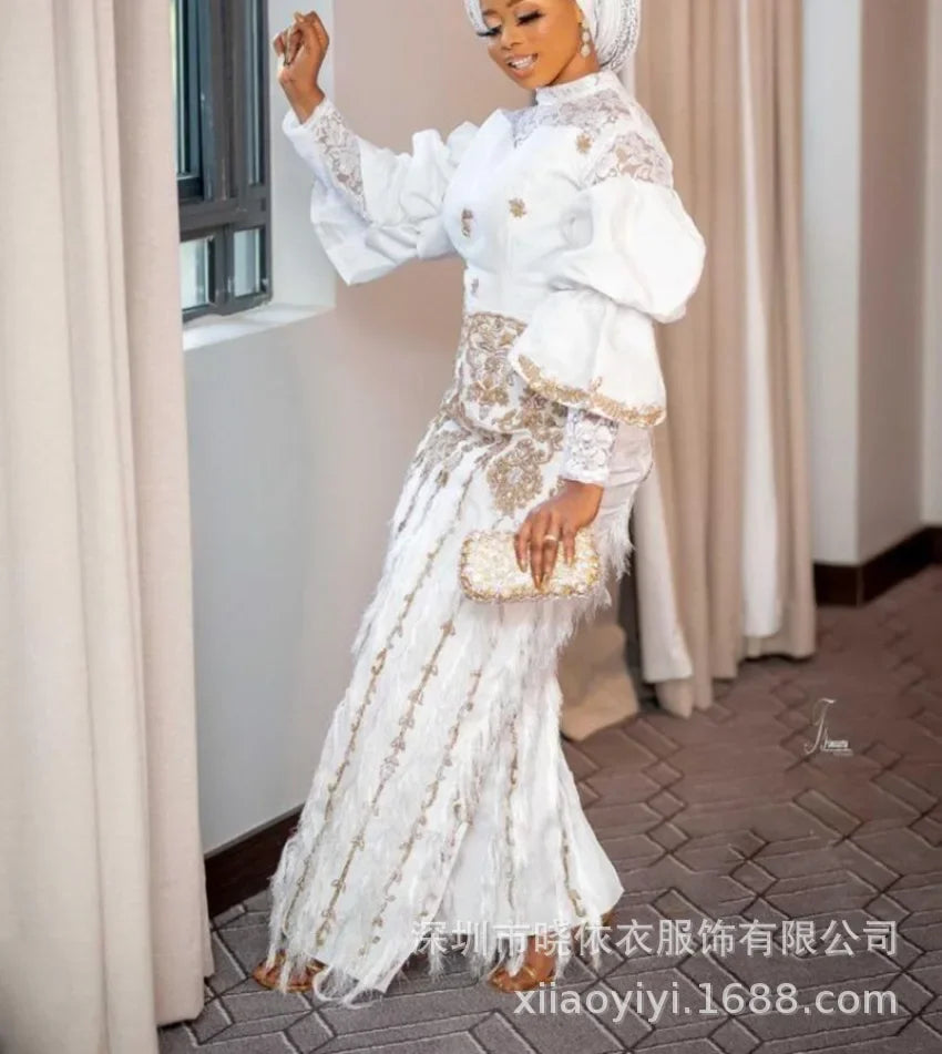 Women Print Skirt Sets Two Piece Stand Collar Full Sleeve Lace Spliced Tops Tassel High Waist Wrap Hip Vestidos Party Elegant