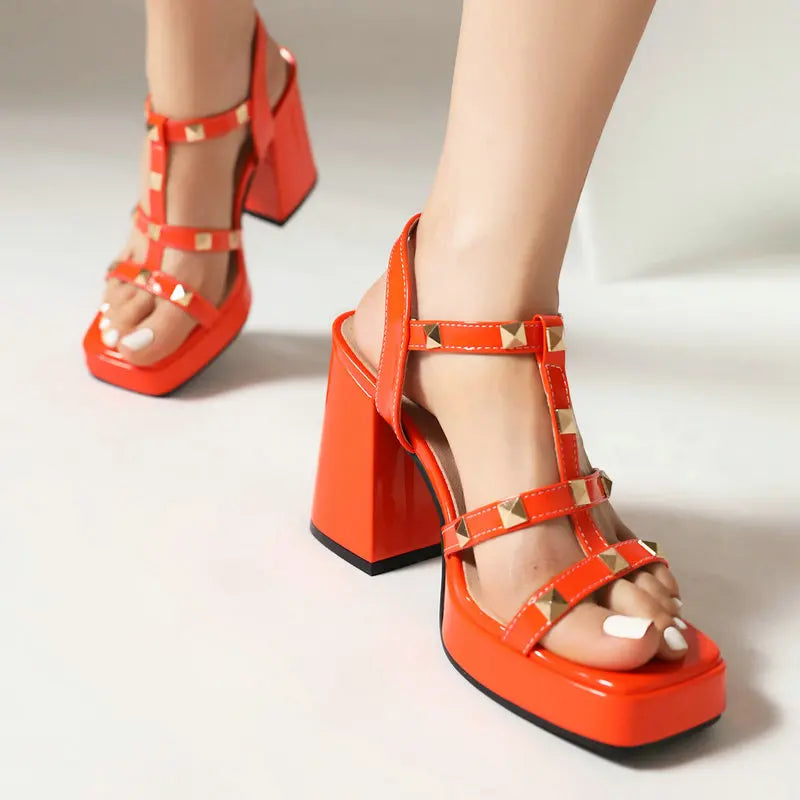 Bright Color Orange Yellow Lady Summer Dress Shoes T-strap Open Toe Block High Heels Sandals Platform Shoes With Studded Rivets