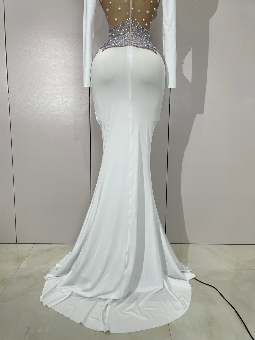 Luxury Sparkly Diamonds Pearl White See Through Mesh Long Dress Women Wedding Evening Party Stage Performance Photoshoot Dress