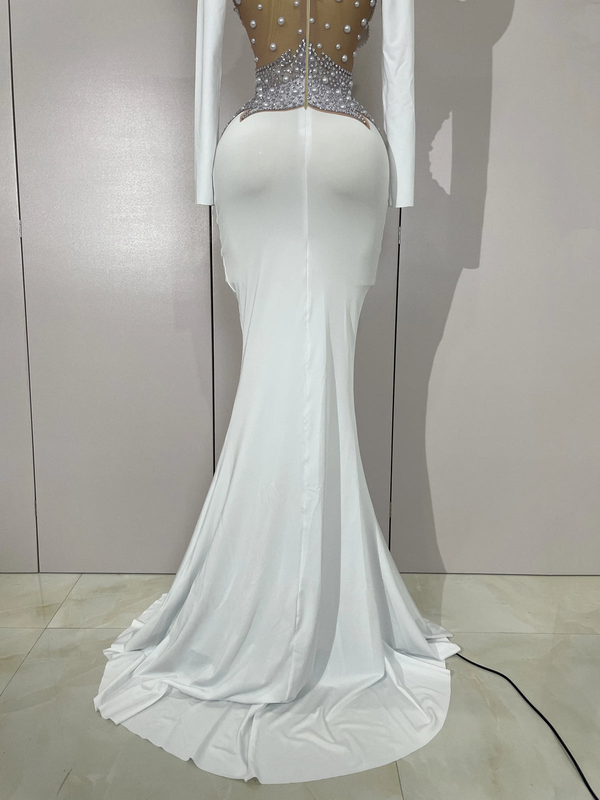 Luxury Sparkly Diamonds Pearl White See Through Mesh Long Dress Women Wedding Evening Party Stage Performance Photoshoot Dress