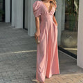 Casual Elegant Women's Summer Trendy Deep V-Neck Puff Sleeve Hollow Backless High Waist Jumpsuit Sexy Slim Pearl Button Belt