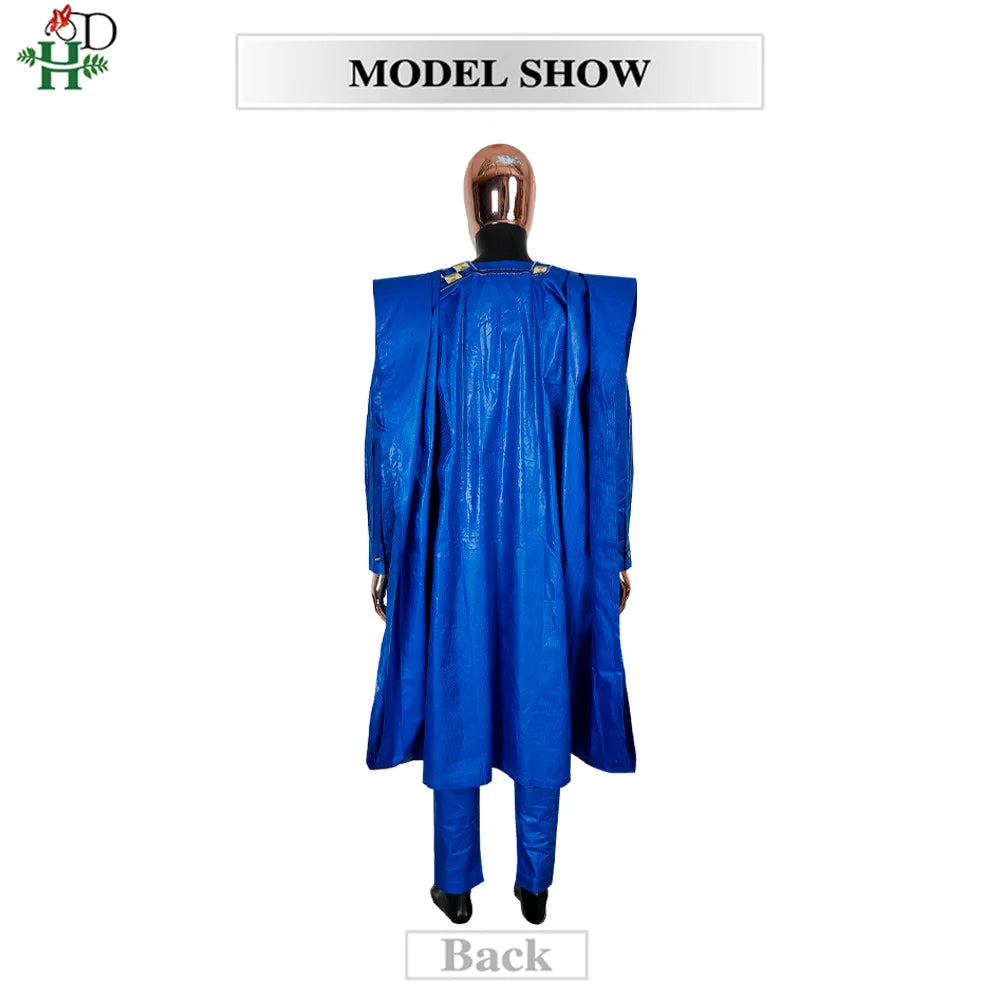 H&D African Clothing For Man Traditional Agbada Sets 3PCS Blue Bazin Riche Shirt Pant Embroidery Wedding Party Suits Plus Size