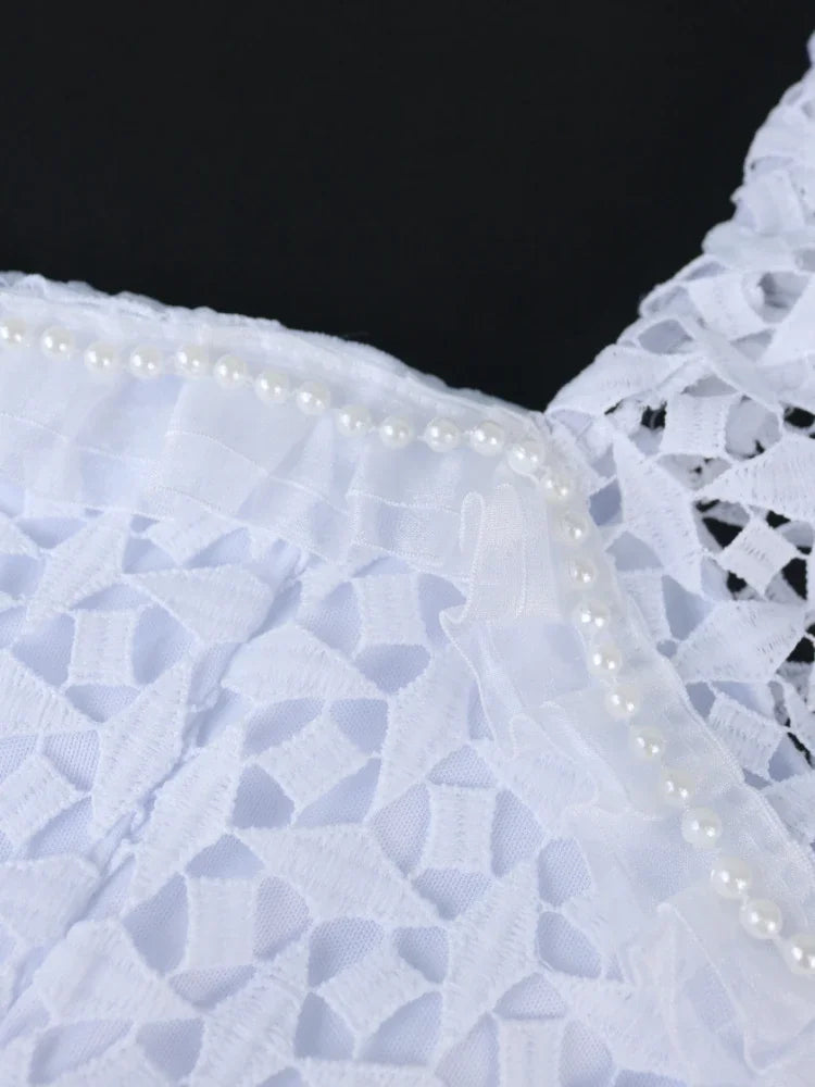 Women's Vintage White Lace Dress Chic Square Neck Puff Sleeve Summer Elegant Wedding Guest Cocktial Birthday Clothes XXXL