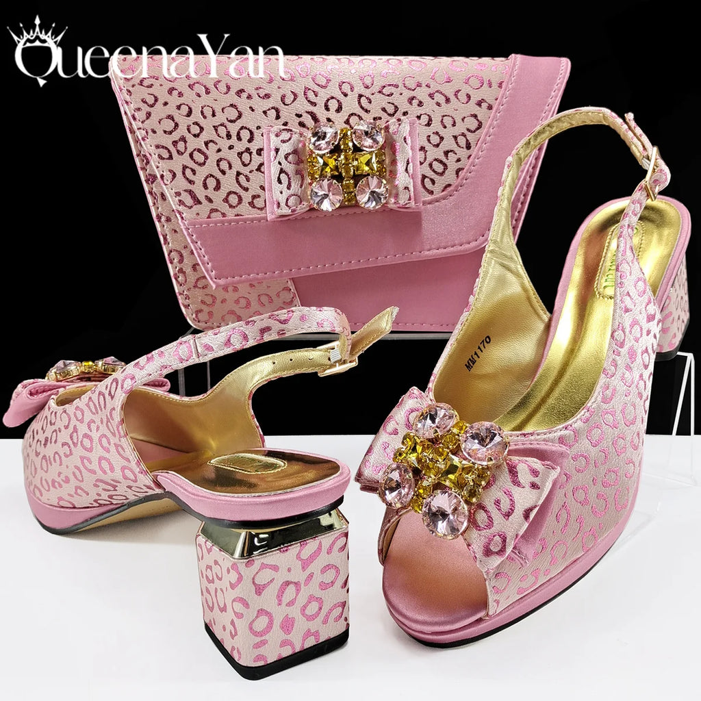 Queena Yan Light Blue Elegant Italian Rhinestone Wedding Shoe and Bag Set -Women Heels and Matching Handbag for Party