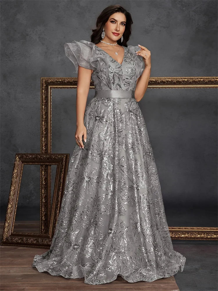 Lucyinlove Plus Size Luxury V-Neck ruffle sleeve Sequins Evening Dresses Women Elegant V-back Wedding Party Prom Cocktail Gowns