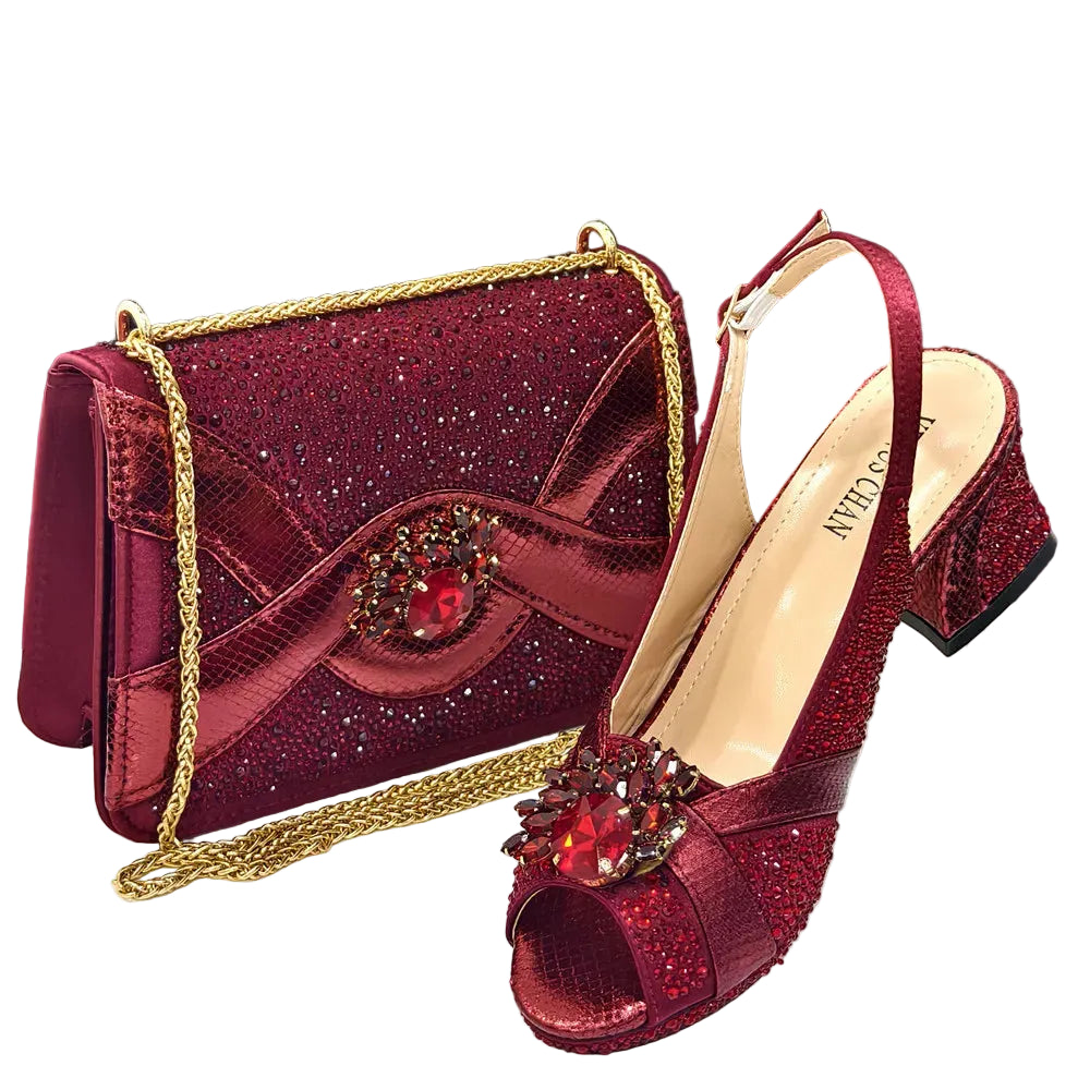 Elegant Women's Peep-Toe Heels and Matching Wine Color umps Set - Stylish Italian Shoes and Bags for Parties