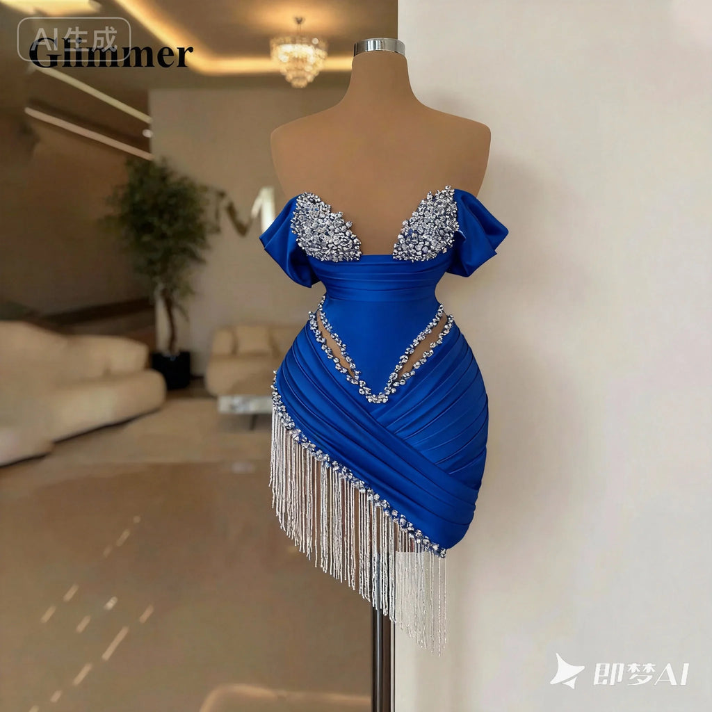 Glimmer Chic Pearls Cocktail Dresses Tassel Off the Shoulder Tassles Prom Dresses Sweetheart Pleat Vestidos De Gala Customised