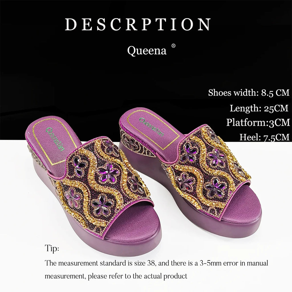 Queena Yan New Arrival Mature Style Platform Design Rhinestone Decoration Peep Toe Lady Shoes and Bag Set for Party Wedding