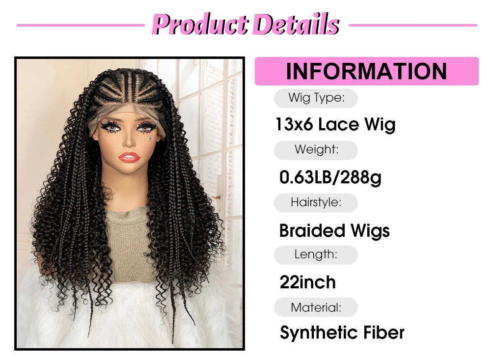 13x6 Lace Frontal Synthetic Braids Wig 22 Inches Cornrow Braided Wig with Curly Handmade Knotless Braiding Wig for Black Women