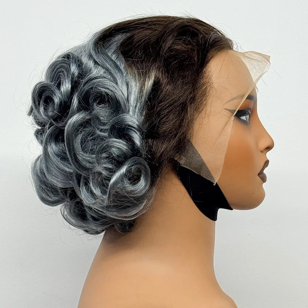 8 Inch 13x4 Transparent Lace Front Loose Wave Human Hair Wig Gray Color 250% Density Short Bob Bouncy Curly Wigs for Black Women