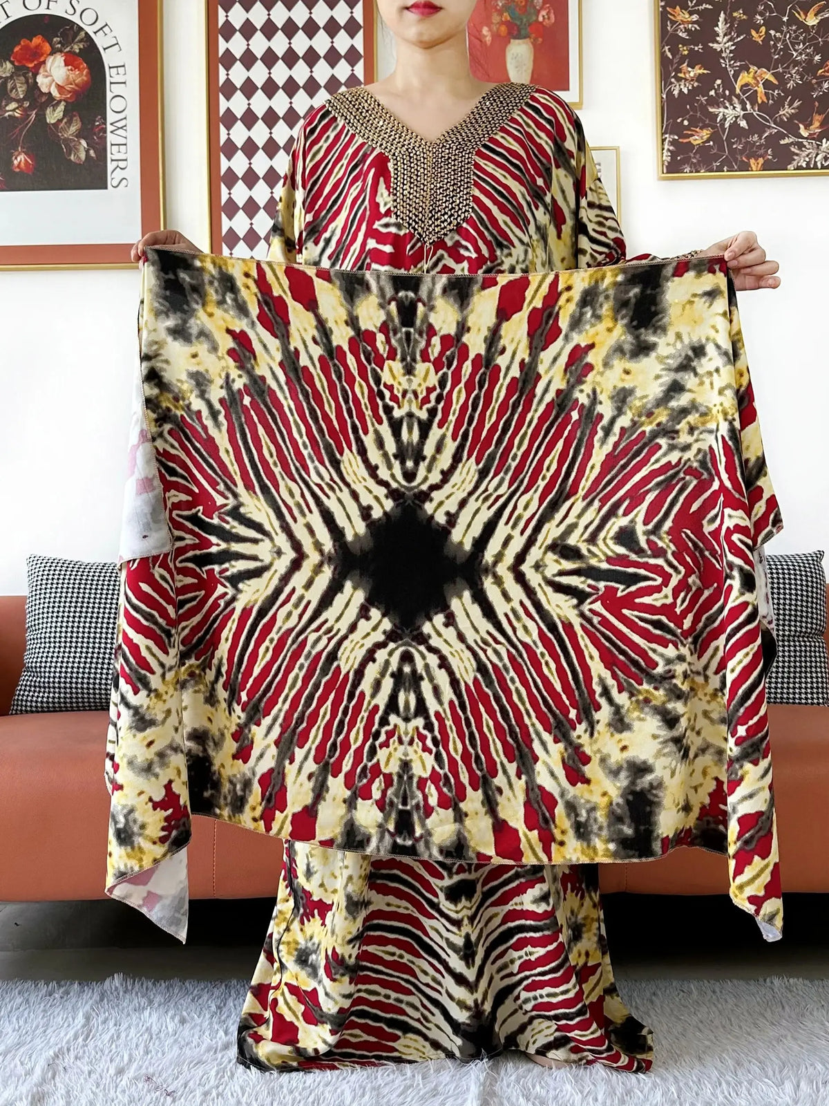 2025 Long Sleeve Embroidered V-Neck Cotton Women Loose Abaya Boho Maxi Dress Casual Fashion Dress African Vestidos