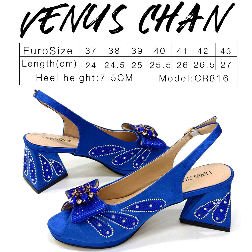 Venus Chan Italian Shoes and Bags Matching Set 2024 Peep Toe High Heels Peach Colour Bow Rhinestones Women Shoes for Party