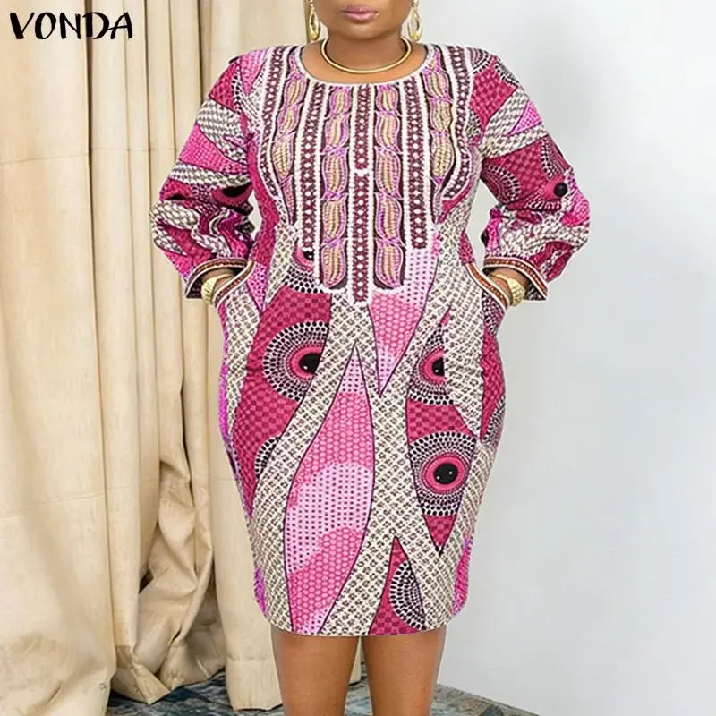 Plus Size VONDA Bohemian Midi Dresses Women Fashion Long Sleeve Print Vintage Party Long Vestidos 2026 Casual Oversize Robe 5XL