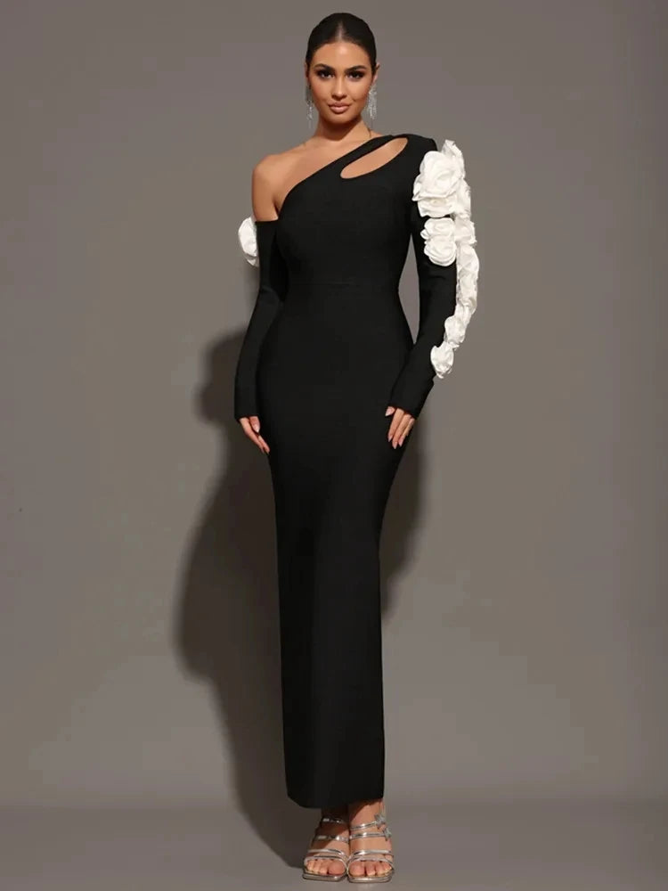 2025 New Sexy One Shoulder Key Hole Flower Maxi Long Bodycon Bandage Dress Women Knitted Elegant Evening Club Party Outfit