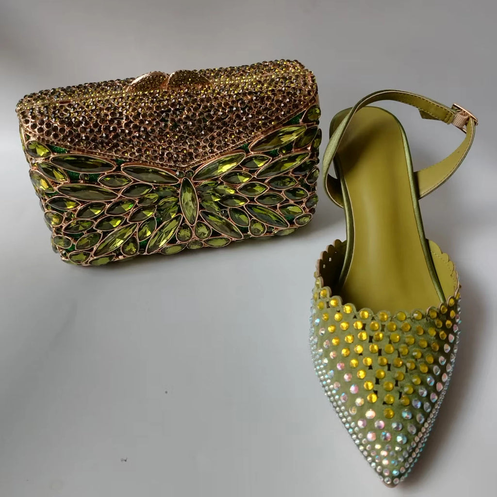 Luxury Olive Green Rhinestones Women's Shoe and Bag Set for Party Wedding Crystals Heeled Pumps and Handbag Sandals