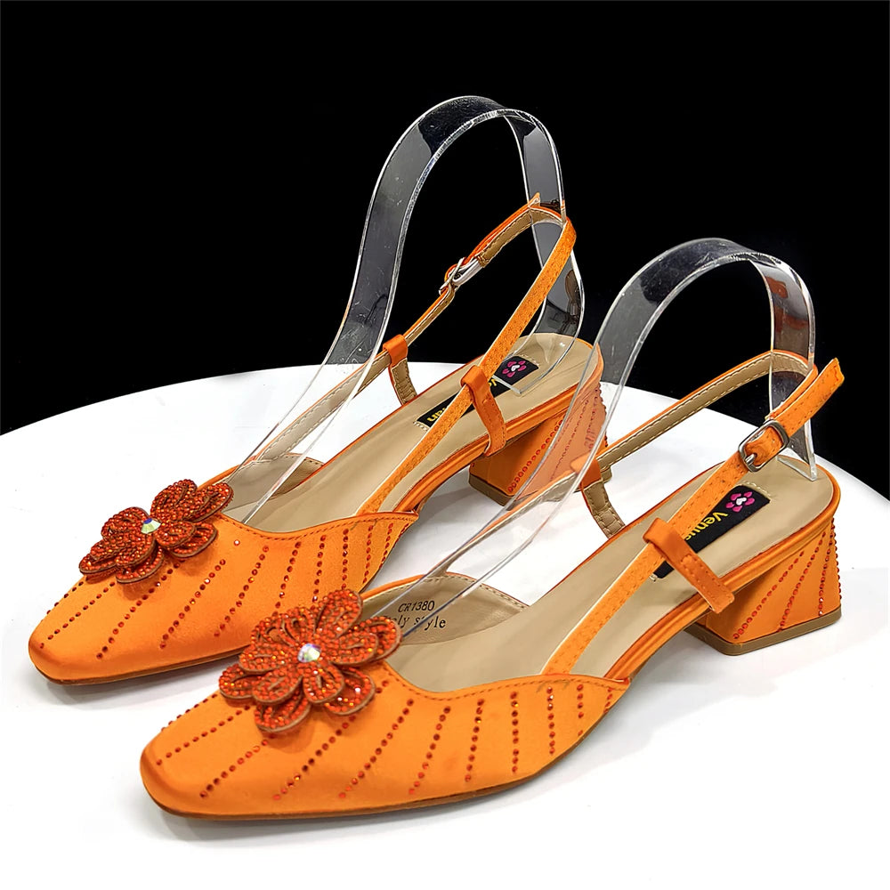 Venus Chan Italian Fashion Women's Elegant Orange Heels & Rhinestone Clutch Bag Set – Perfect for Parties and Special Occasions