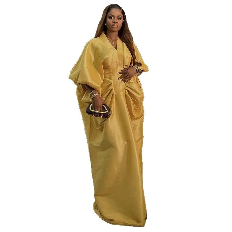 Elegant Women Long Loose Dresses Pleated Evening V Neck Lantern Sleeve African Female Classy Fashion Glitter Party Bubu Dress