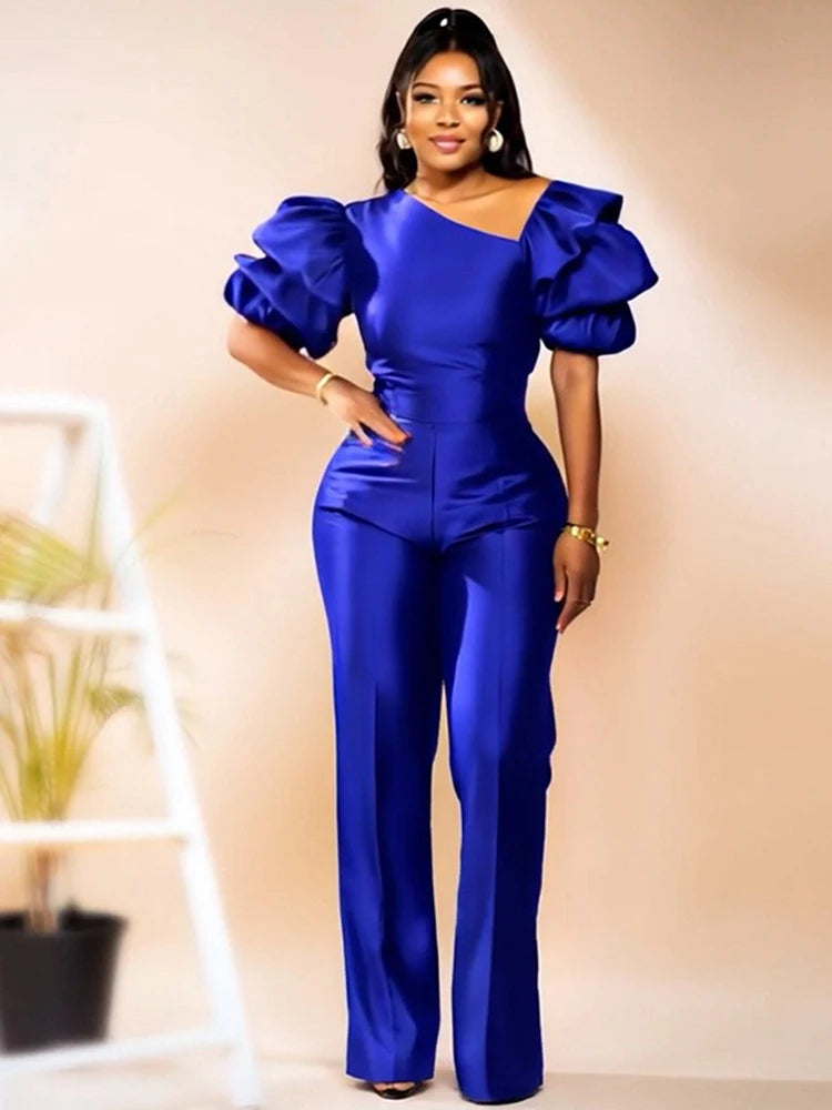 Satin Jumpsuit Woman High Quality Slash Neck Puff Sleeves Party Jumpsuits Woman Elegant Luxury Curvy Evening Jumpsuit Dress