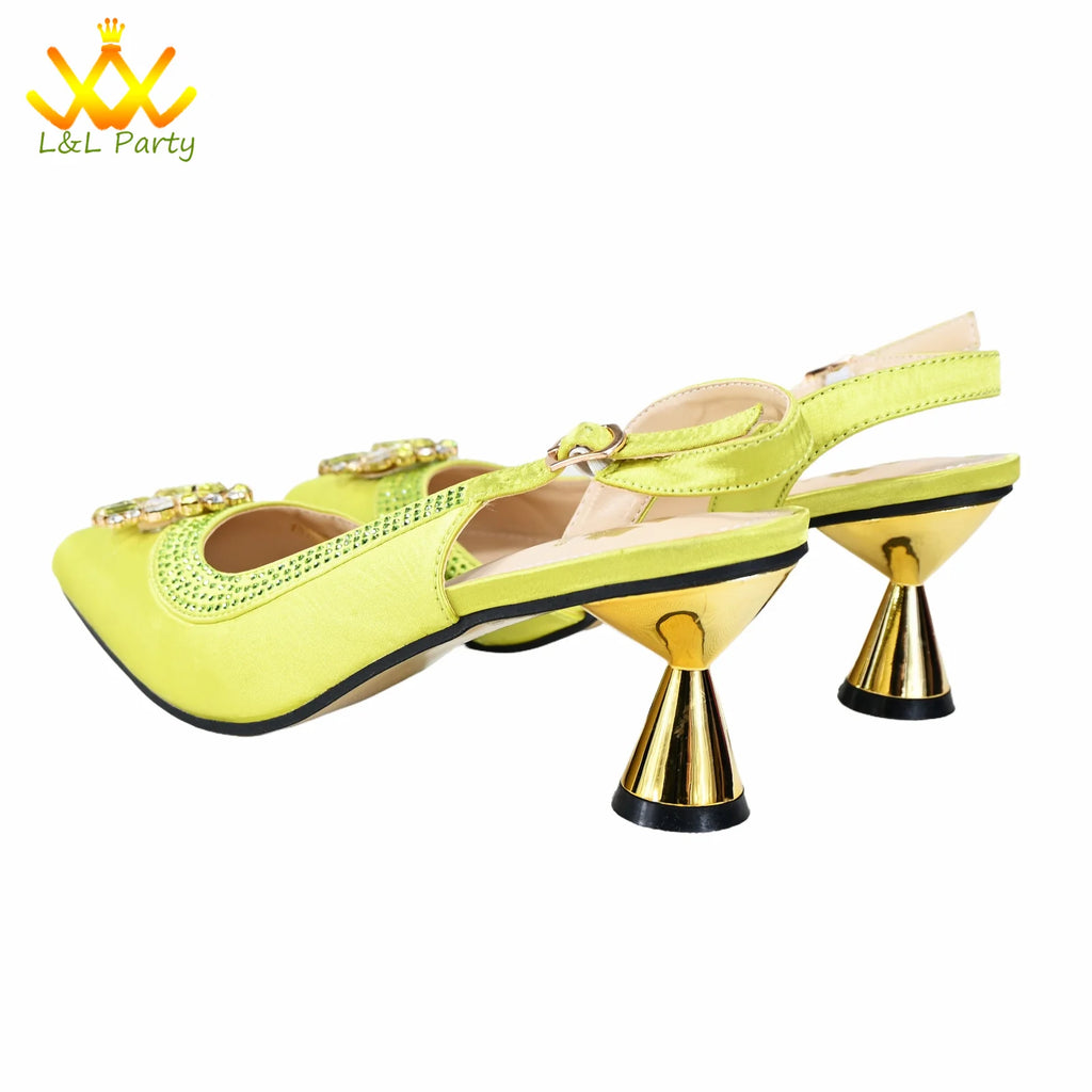 Shinning Crystal New Arrivals Comfortable Mid Heel Lemon Green Color Winter Newest African Shoes and Bag Set for Party
