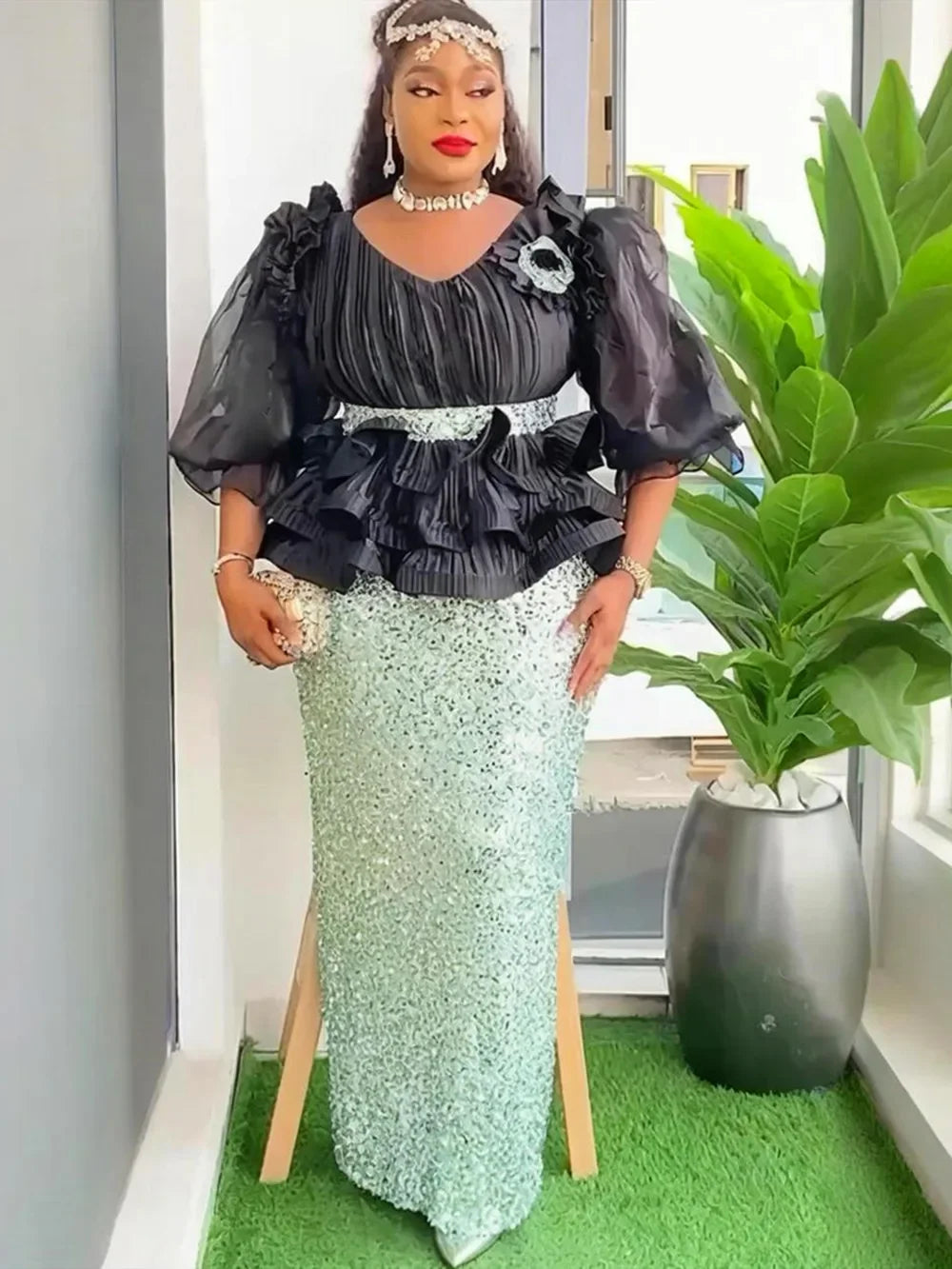 Plus Size Evening Dresses for Women African Luxury Sequin Gown Elegant Christmas Wedding Party Long Dress Ankara Ladies Clothing