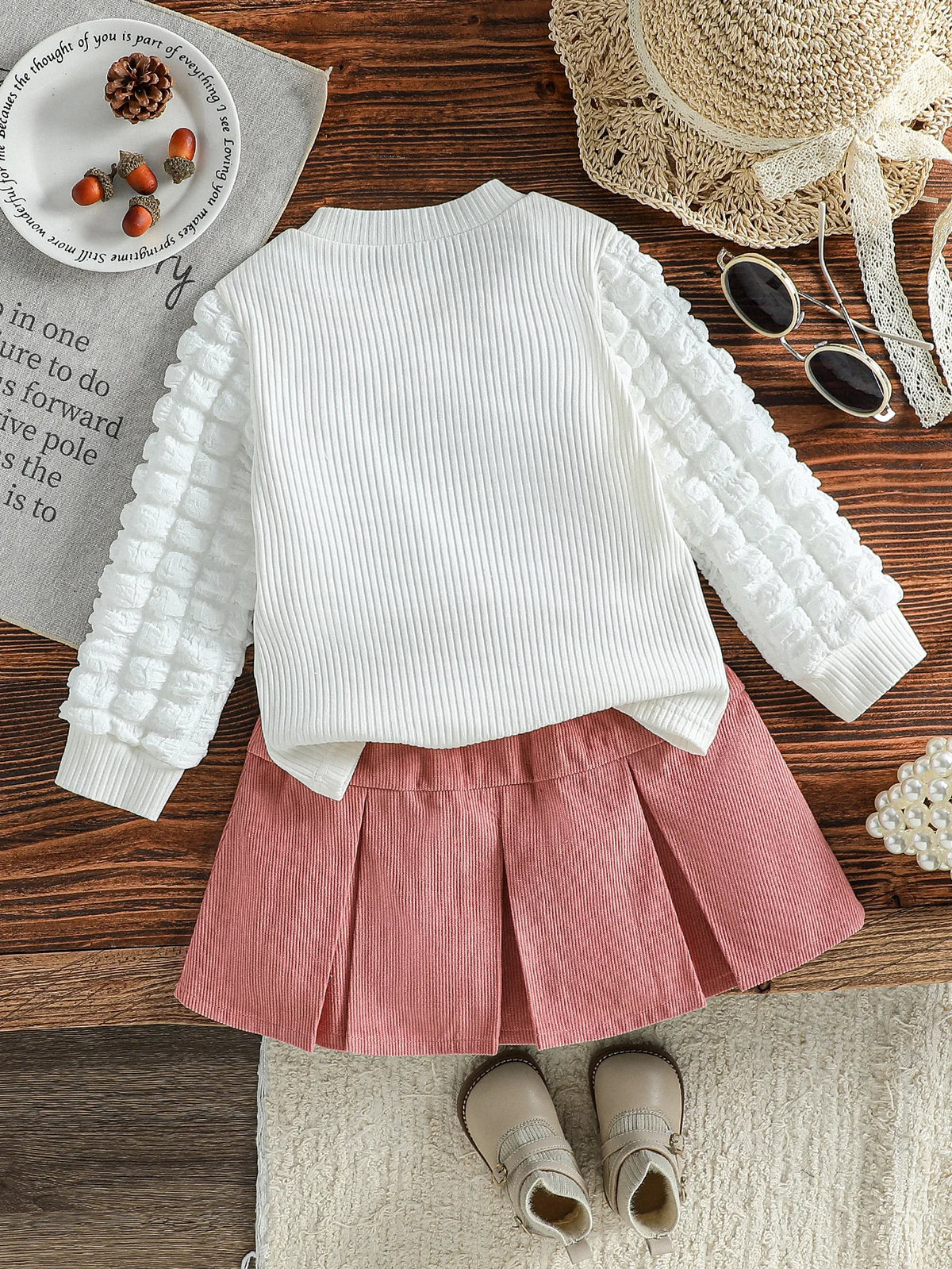 2PCS Children Spring Autumn New Style For Kids Girls 1-6Y Sweet Bubble Sleeve With Heart Top + Short Skirt With Bow Clothes Set
