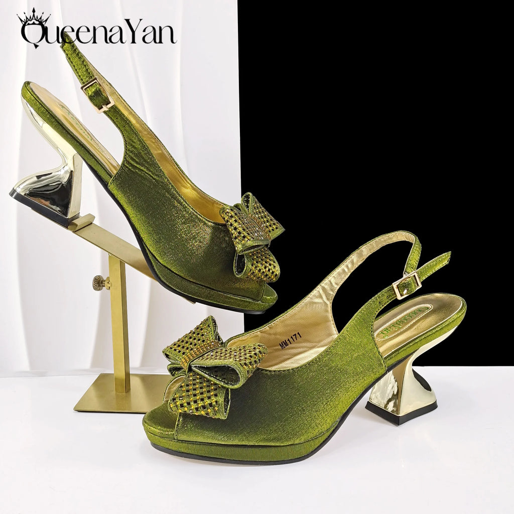 Queena Yan Newest Italian Design Special Synthetic Fabrics Women's Matching Shoe and Bag Set High Heel for Weddings and Parties