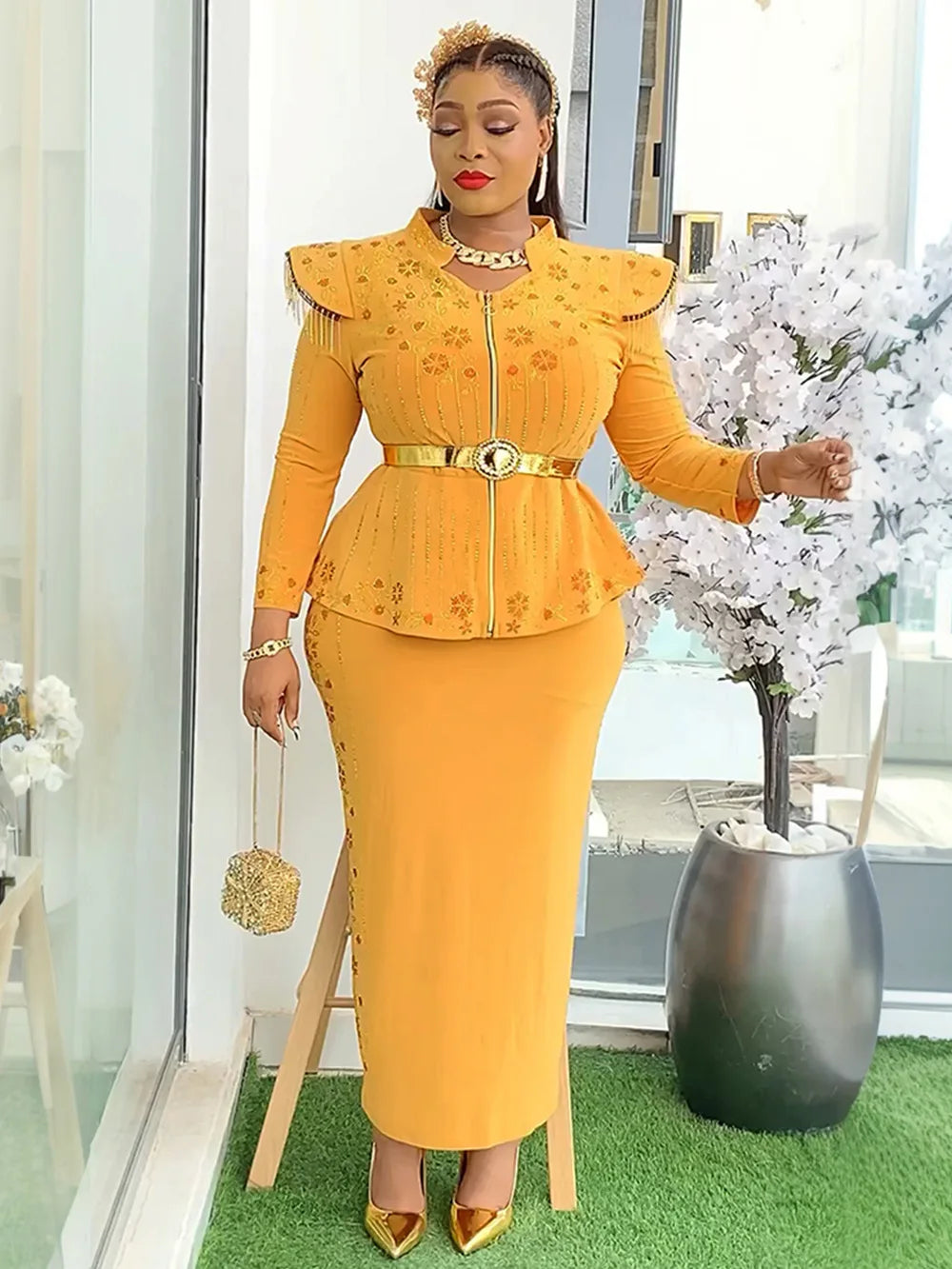 2025 Spring African Clothes for Women 2 PCS Sets Tops and Skirts Suit Dashiki Ankara Outfit Robe Plus Size Wedding Party Dresses
