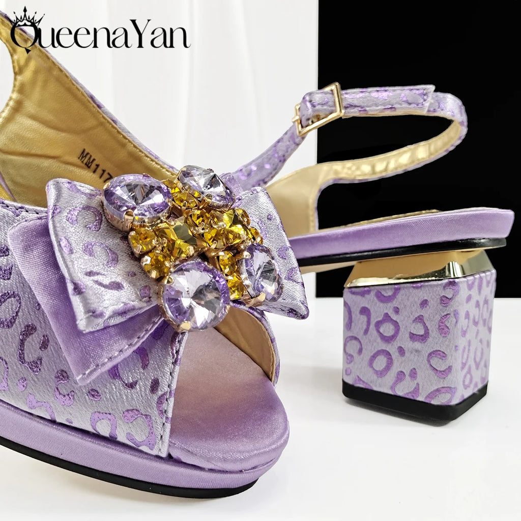 Queena Yan Light Blue Elegant Italian Rhinestone Wedding Shoe and Bag Set -Women Heels and Matching Handbag for Party