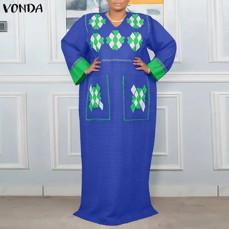 VONDA Plus Size 5XL Bohemian Women Long Sleeve Maxi Dresses 2026 Autumn V-Neck Casual Loose Print Party Vestidos Vintage Robe