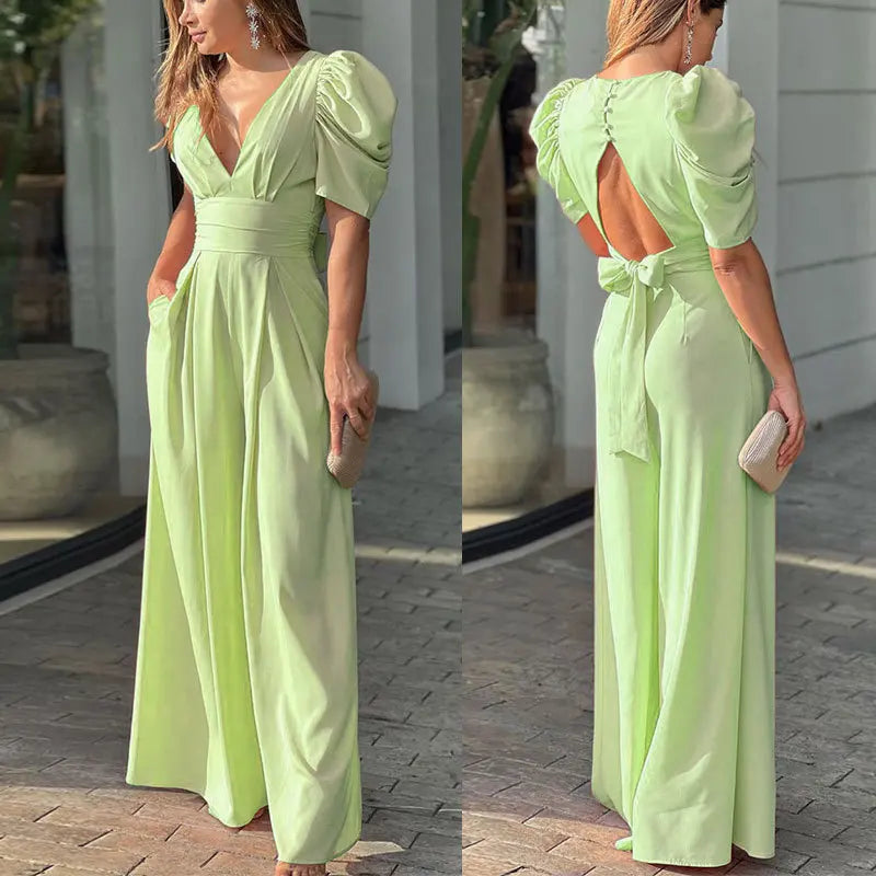 Casual Elegant Women's Summer Trendy Deep V-Neck Puff Sleeve Hollow Backless High Waist Jumpsuit Sexy Slim Pearl Button Belt