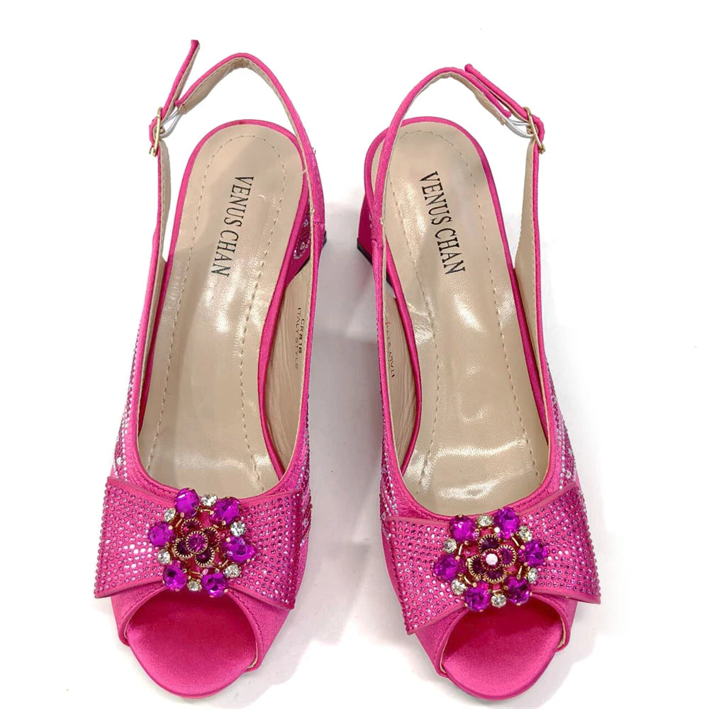 Venus Chan Italian Shoes and Bags Matching Set 2024 Peep Toe High Heels Peach Colour Bow Rhinestones Women Shoes for Party