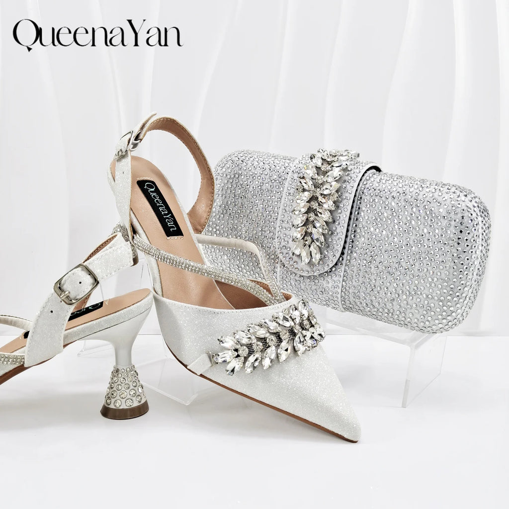 QueenaYan 2026 New Shiny Italian Fashion Pointed Toe Women Heel Fashion Rhinestone Decoration Pink Color Shoes And Bag Set