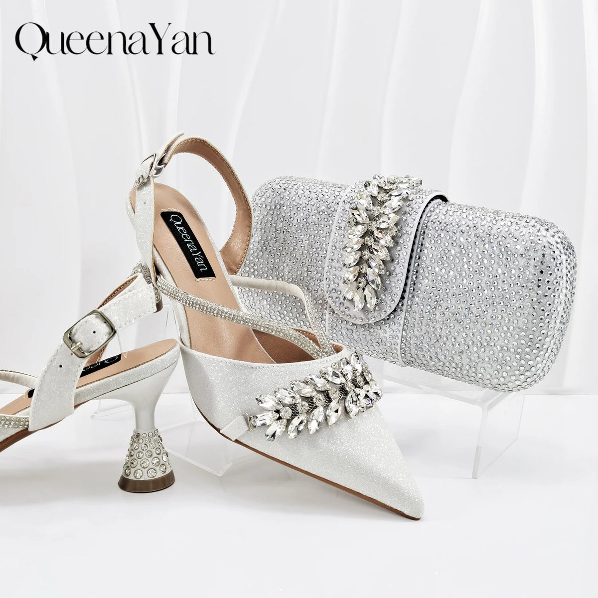 QueenaYan 2026 New Shiny Italian Fashion Pointed Toe Women Heel Fashion Rhinestone Decoration Pink Color Shoes And Bag Set