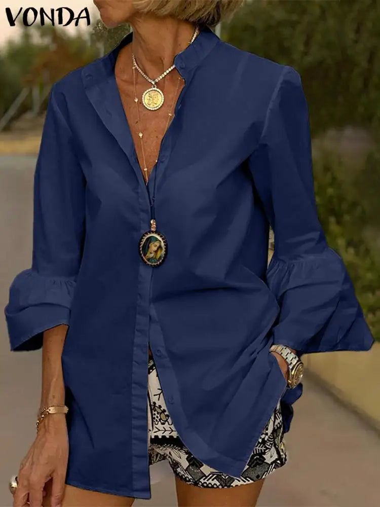 VONDA White Shirts Summer Women Elegant Solid Flare Sleeve Blouse 2023 Fashion Sexy V Neck Office Tunic Tops Femininas Blusas