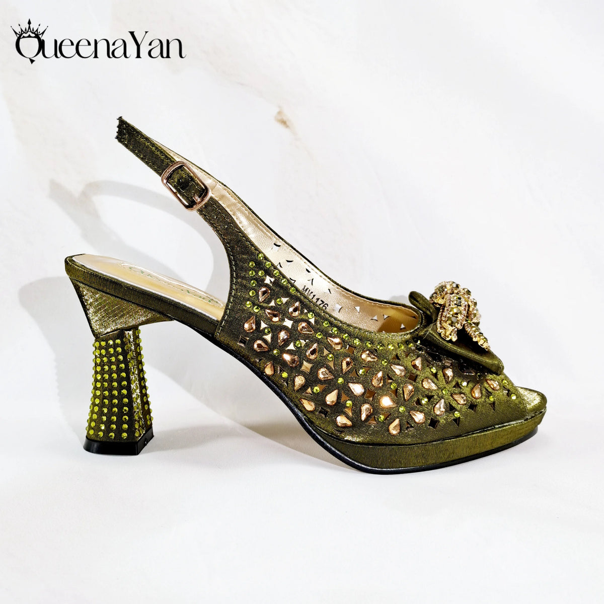 2025 Elegant Women's Peep-Toe Heels and Matching Olive Color Diamond Pumps Set Stylish Italian Shoes and Bags for Parties