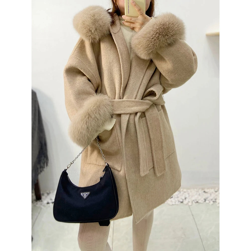 Faced Wool Ladies Winter Jacket Hooded coats Women Luxurious Real Fox Fur Coat Lose Clothing Cashmere Double