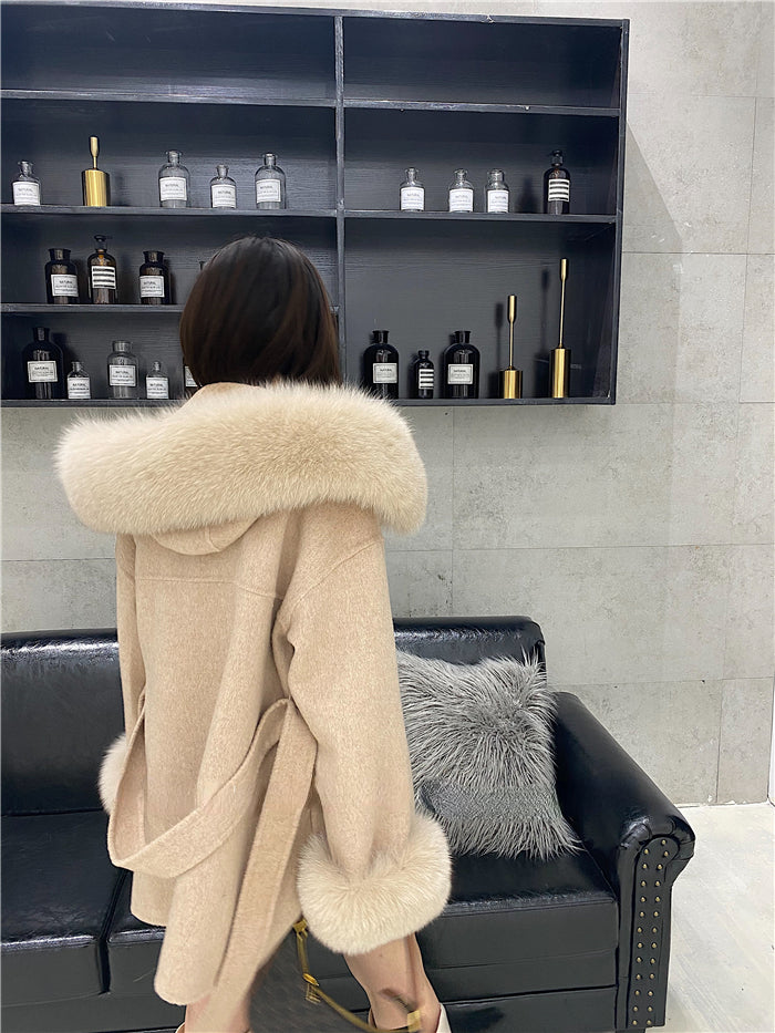 2024 New Oversize Ladies Outerwear Real Fur Coat Winter Jacket Women Natural Fox Fur Collar Cuffs Hood Cashmere Wool Woolen