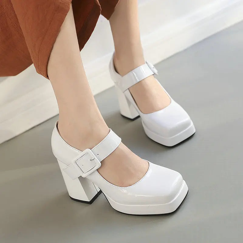 Size 33-48 Patent Shiny PU Leather Lady Office Pumps Wide Buckle Strap Platform Mary Janes Shoes Spring Fall Block Chunky Heels