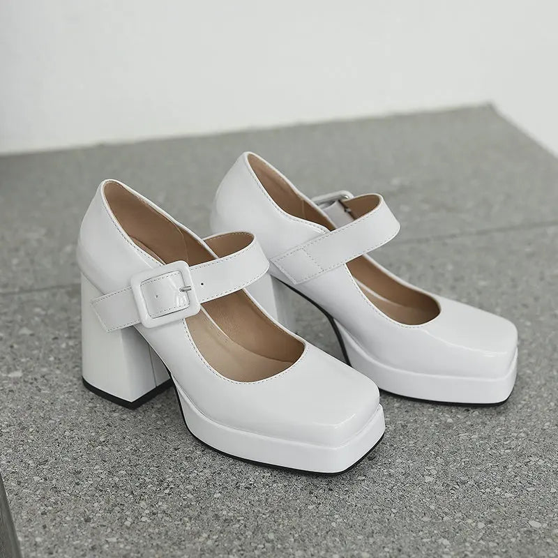 Size 33-48 Patent Shiny PU Leather Lady Office Pumps Wide Buckle Strap Platform Mary Janes Shoes Spring Fall Block Chunky Heels