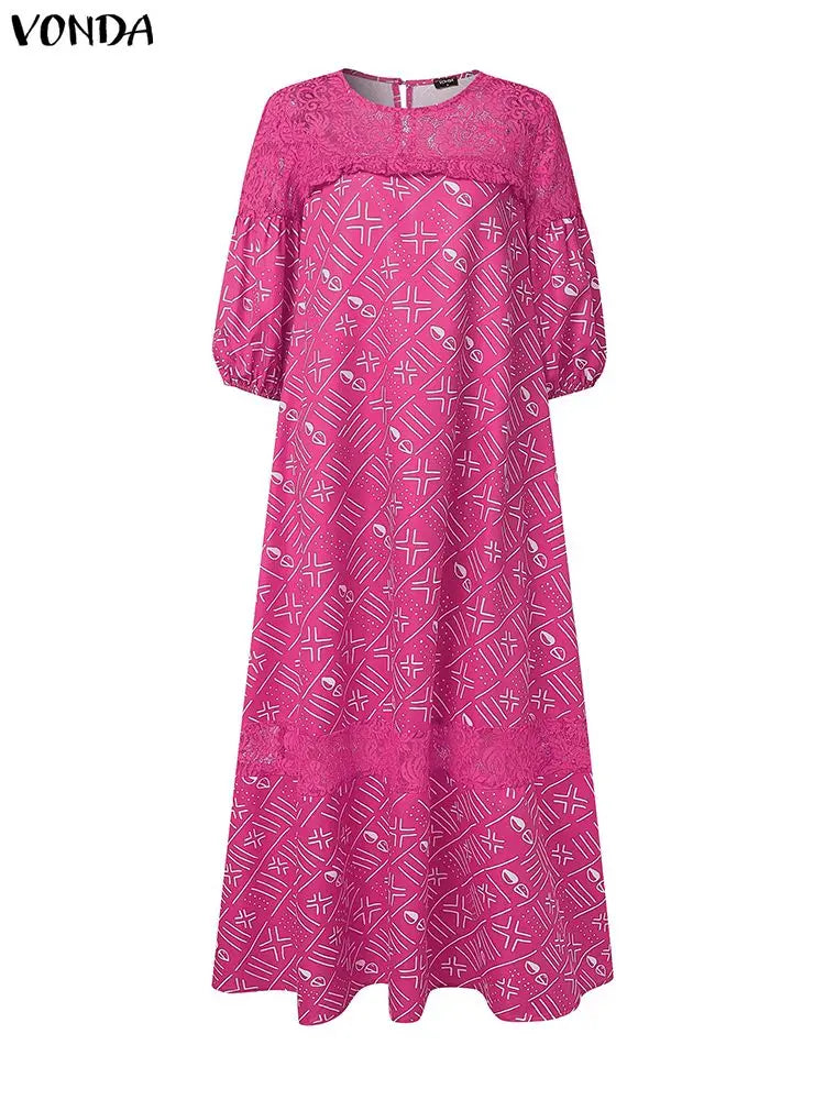 5XL Women Party Dress Plus Size VONDA Vintage Sundress 2025 Casual Loose Lace Patchwork Robe Fashion Half Sleeve Vestidos