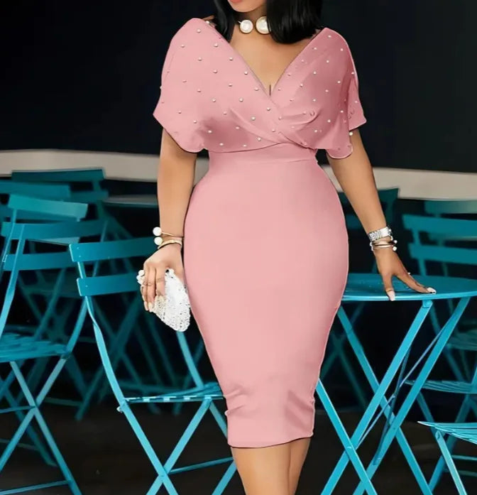 Fashion Party Dress For Wonen Sexy V Neck Package Hip Elegant Dresses 2025 Srping Summer Lady Solid Color Slim Office Midi Dress