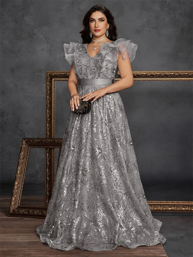 Lucyinlove Plus Size Luxury V-Neck ruffle sleeve Sequins Evening Dresses Women Elegant V-back Wedding Party Prom Cocktail Gowns