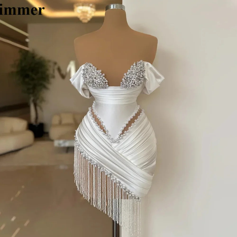 Glimmer Chic Pearls Cocktail Dresses Tassel Off the Shoulder Tassles Prom Dresses Sweetheart Pleat Vestidos De Gala Customised