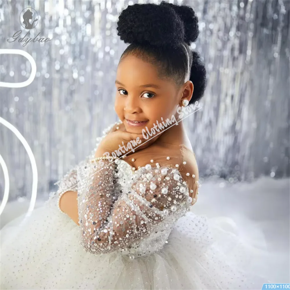 White Little Girls Pearl Flower Girl Dresses for Wedding Sheer Neck Sequined Lace First Communion Birthday Party Dresses