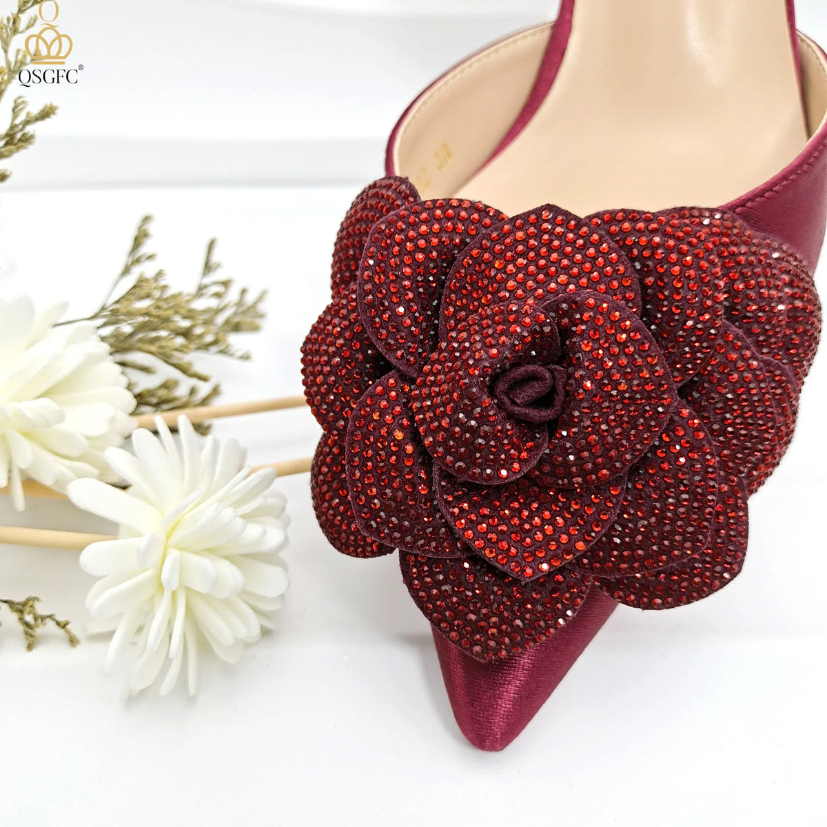 QSGFC African Popular Styles Evening Shoes And Bags Paired With Handmade Petal Clutches Pointed Toe Mid-Heel Women Shoes
