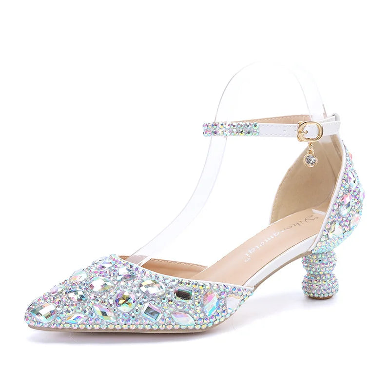 New 5cm Rhinestone shoes buckle round heel blue pointed Crystal Wedding sandals social dance Prom shoes Latin  shoes size 35-43