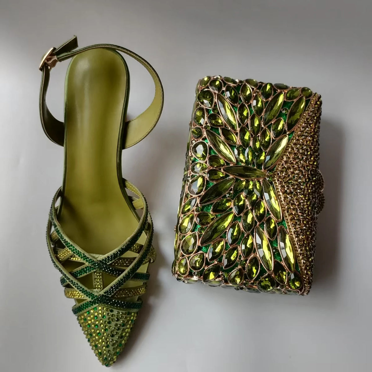 Luxury Olive Green Rhinestones Women's Shoe and Bag Set for Party Wedding Crystals Heeled Pumps and Handbag Sandals