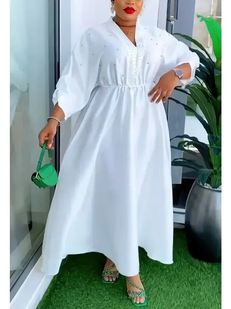 Women Elegant Shiny Satin Loose Party Dress V Neck Beading High Waist Long Gowns Formal Celebrate Evening Event Birthday Robes