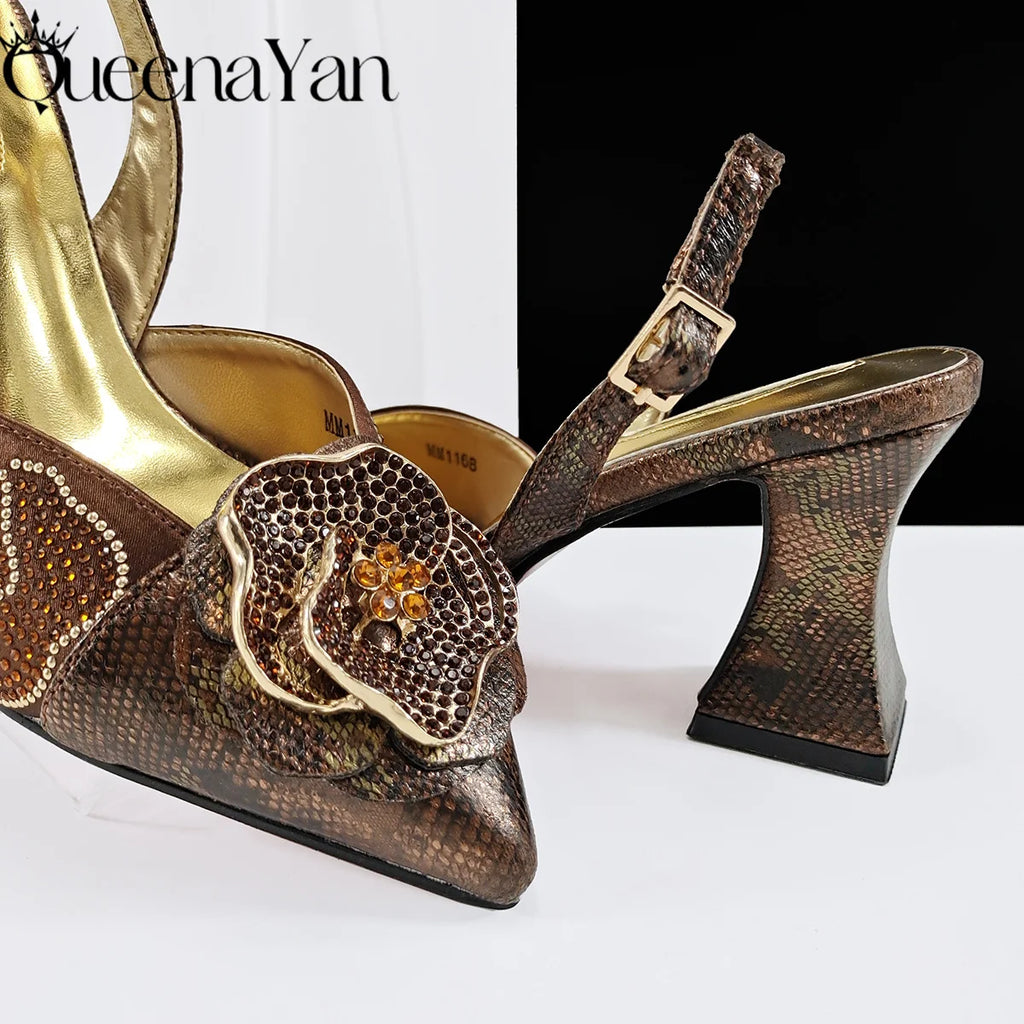 Queena Yan 2025 Elegant Lilac Color Women's Heels Handbag Set Rhinestone Embellished Designer Shoes for Weddings Special Events