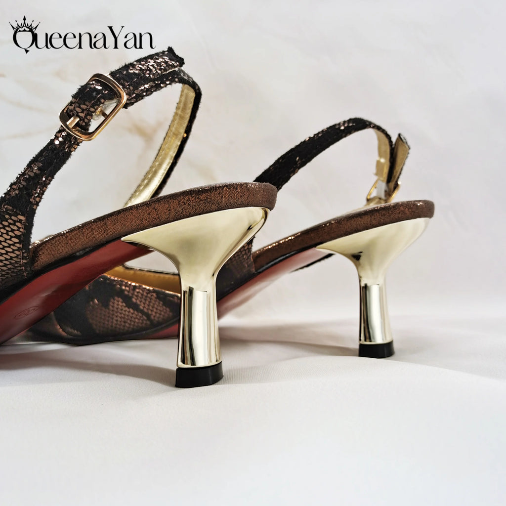 Queena Yan Newest Special Synthetic Fabrics Italian Design Women's High Heel Matching Shoe and Bag Set for Weddings and Parties